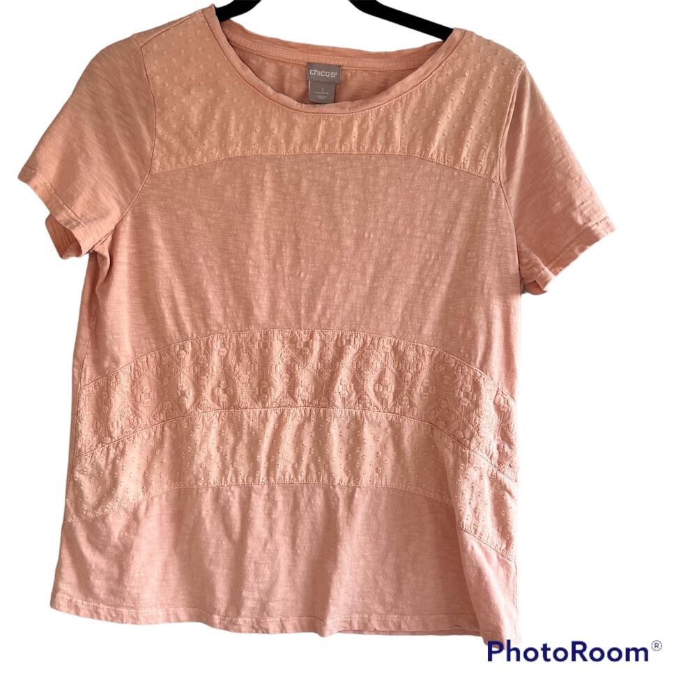 Chico’s size 1 Medium women’s coral short sleeve embroidered t-shirt